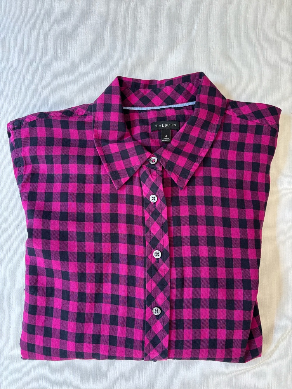 Talbots Women’s, (size M), Fuchsia and Black Plaid Button-Down Shirt